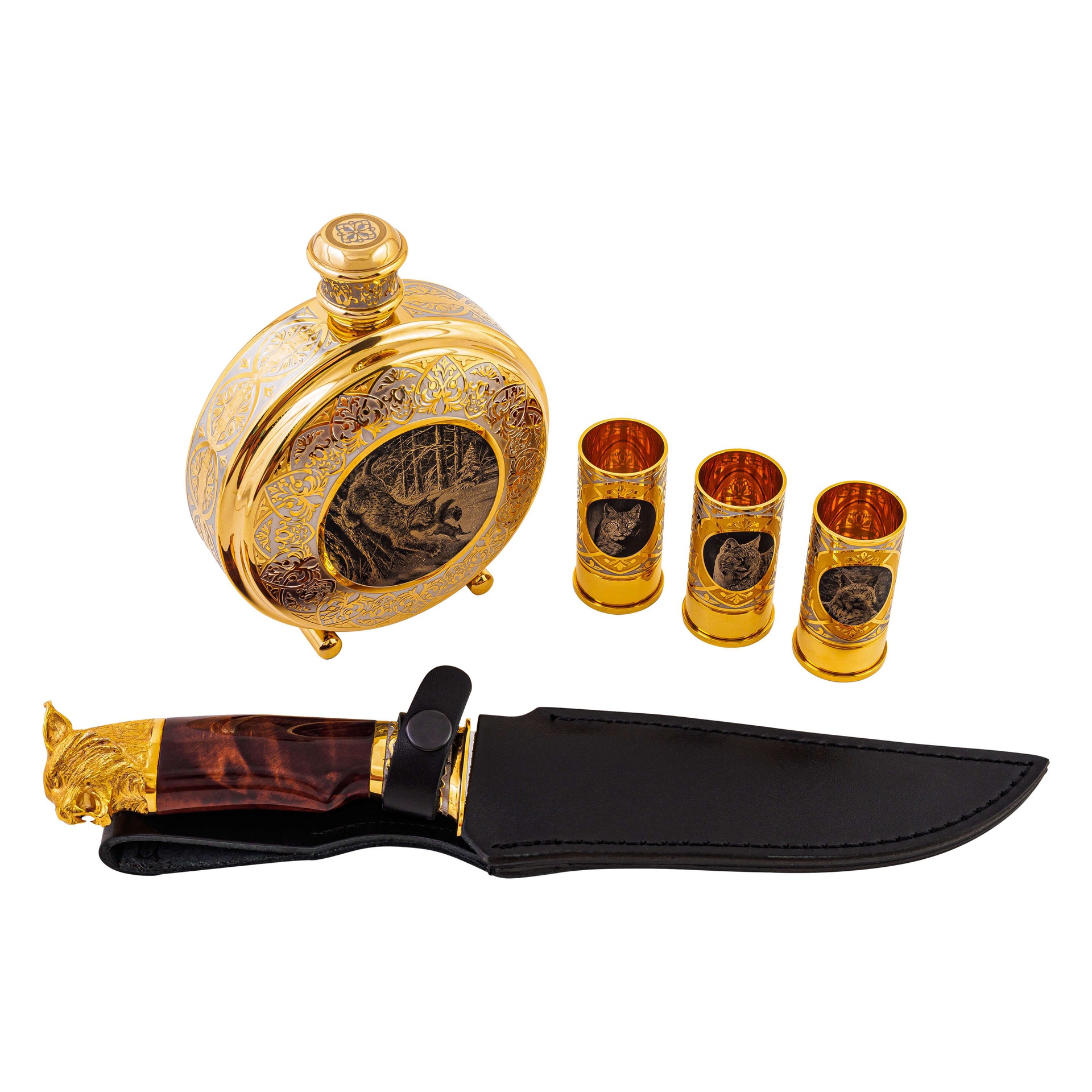Охотничий набор "Рысь" (фляжка, стопки, нож ЭИ-107) с Златоустовской гравюрой на стали по 59900 р.
