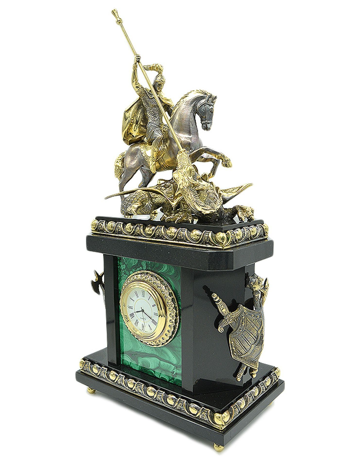 Часы каминные "Георгий Победоносец" /малахит/ малахит, долерит, бронза | Арсенал